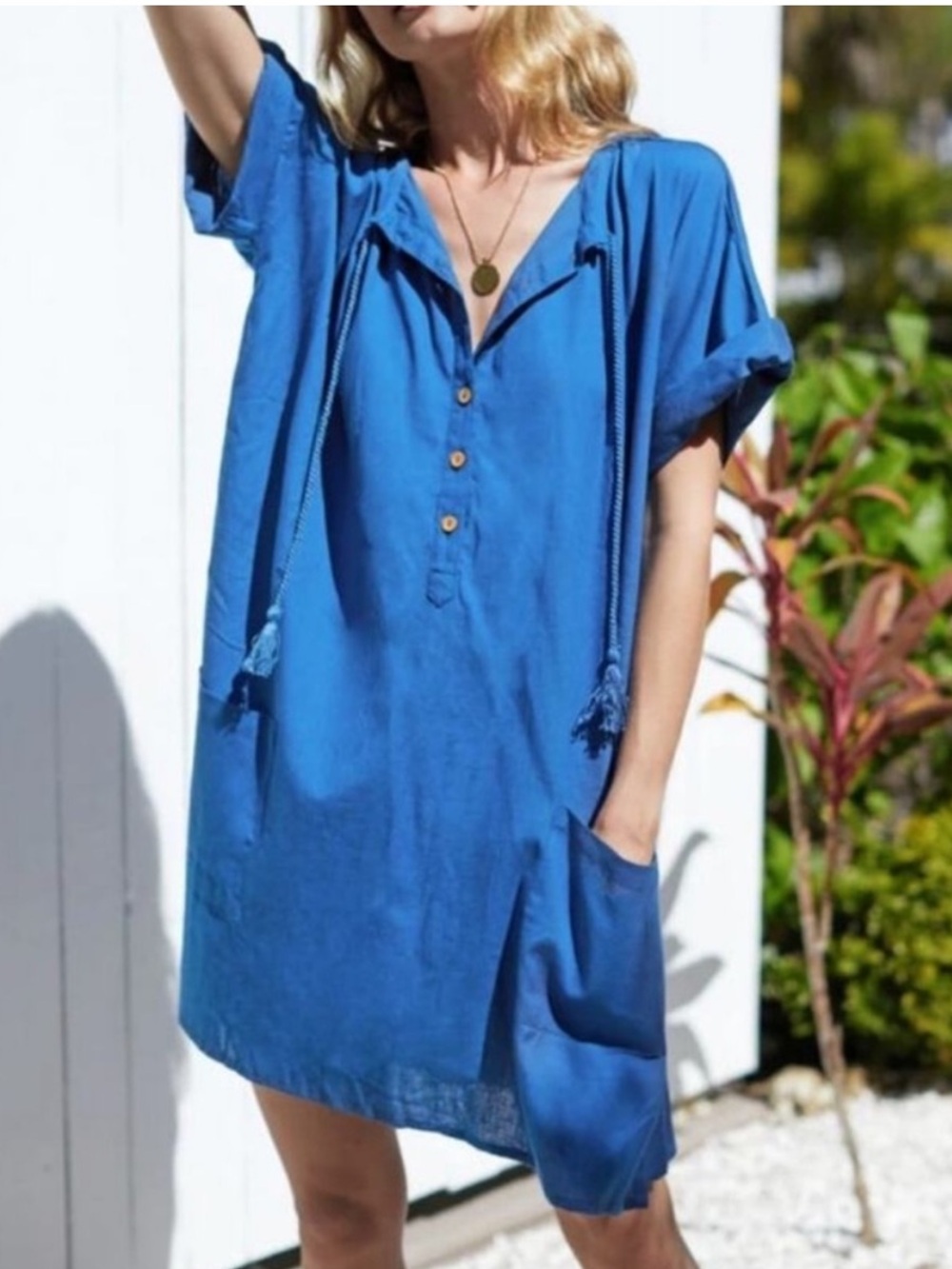 India Collection Emerson Fry Blue Cotton Short Sleeve Baja Caftan Dress Sz. OS